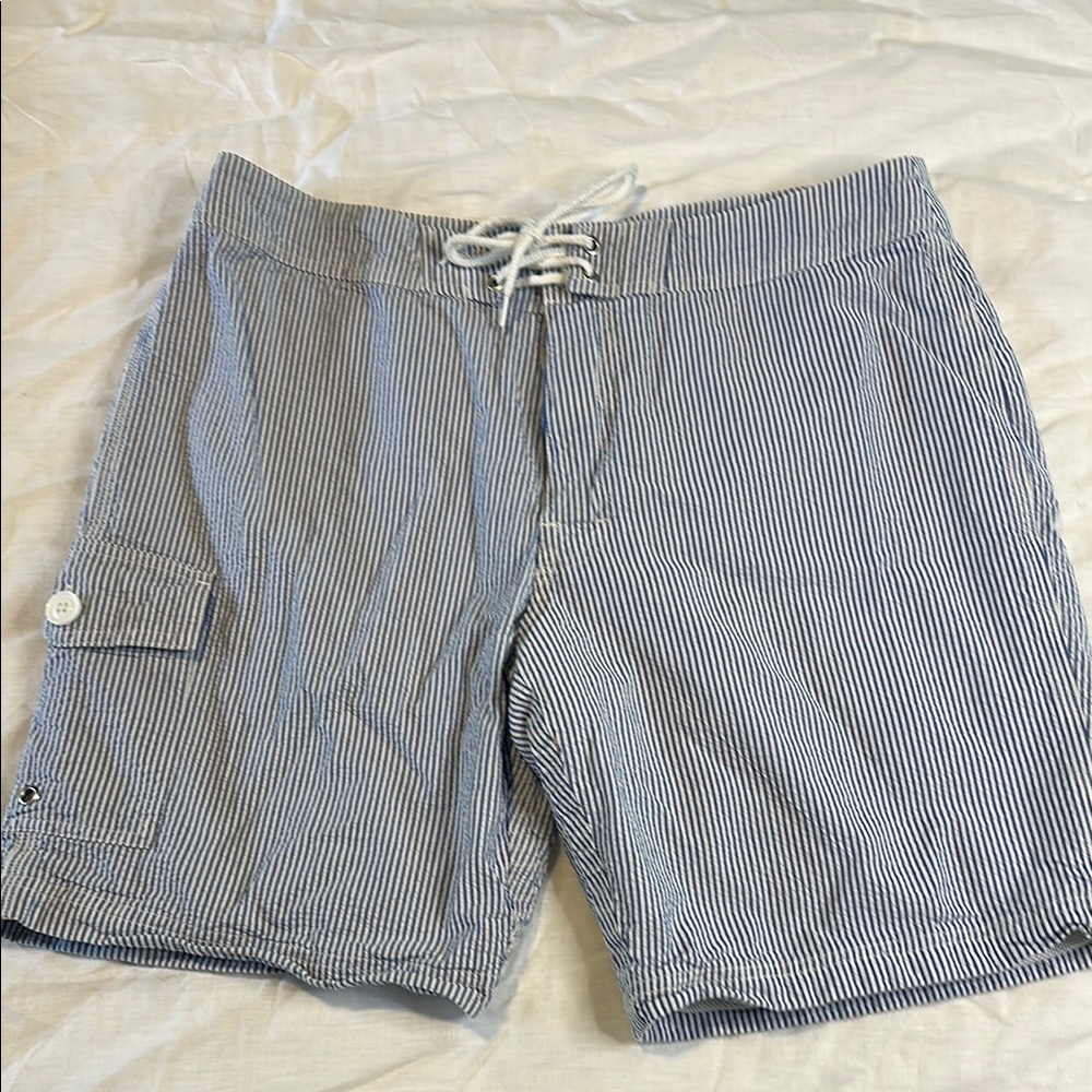 J. Crew Blue and White Board Shorts with Drawstring Waist